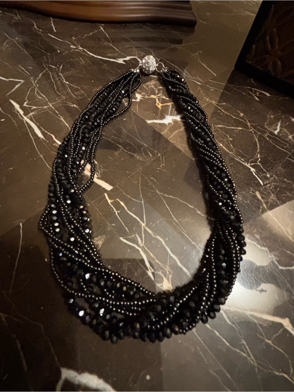 Black Multi-Strand Beaded Statement Necklace. Magnetic Closure